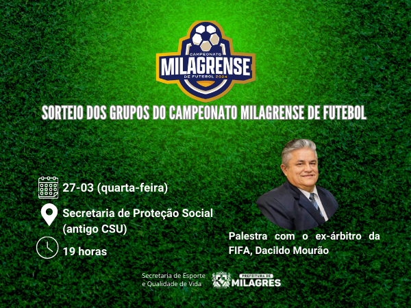 Sorteio que define grupos do Campeonato Milagrense de Futebol 2024, conta com presença de ex-árbitro da FIFA
